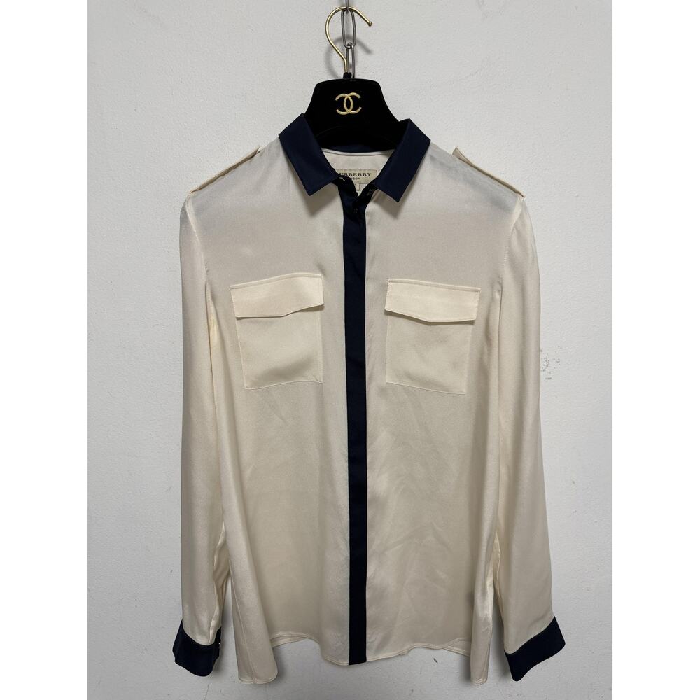Burberry Shirt Womens 6 White Silk Contrast Trim Button Up Long Sleeve Pockets